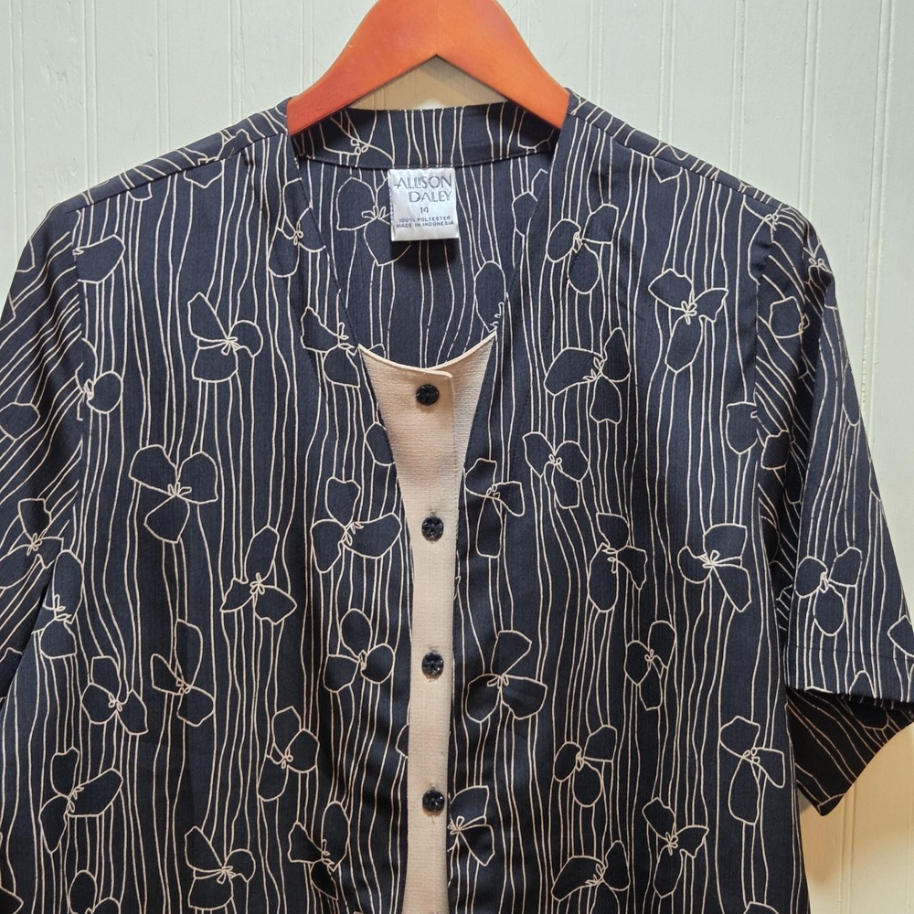Allison Daley Blouse Womens 14 Black Floral Short Sleeve Button Front V Neck Top